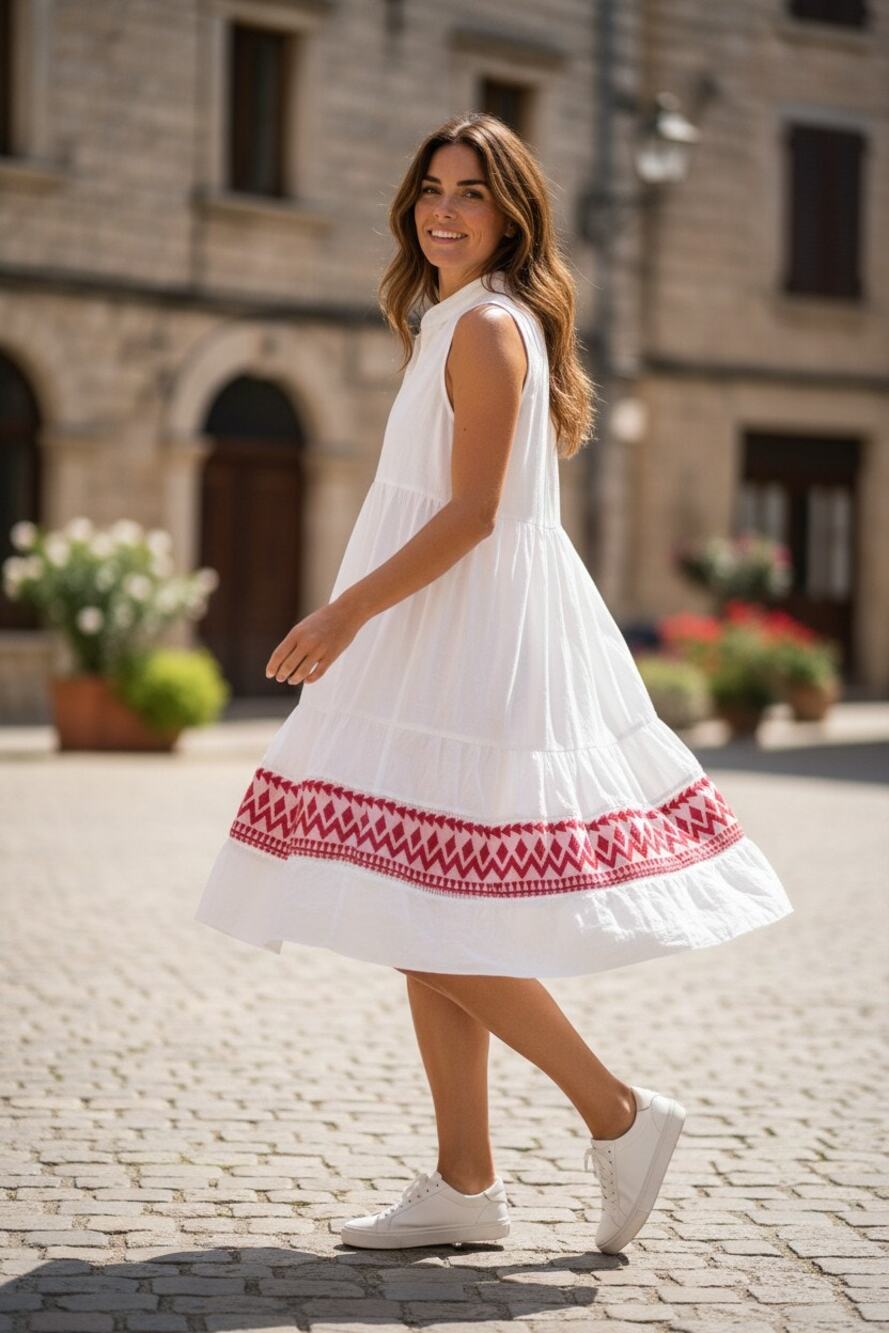 Women's White Boho Tiered Midi Dress with Red Embroidered Hem | Made in Greece